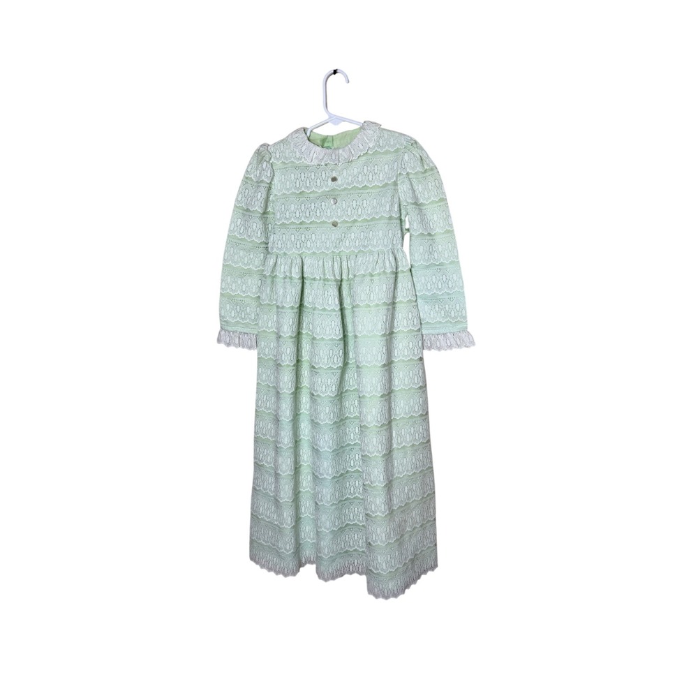 Vintage Nannette Girls Mint Green Lace Prairie Dress Size 6 Maxi Long Sleeve USA